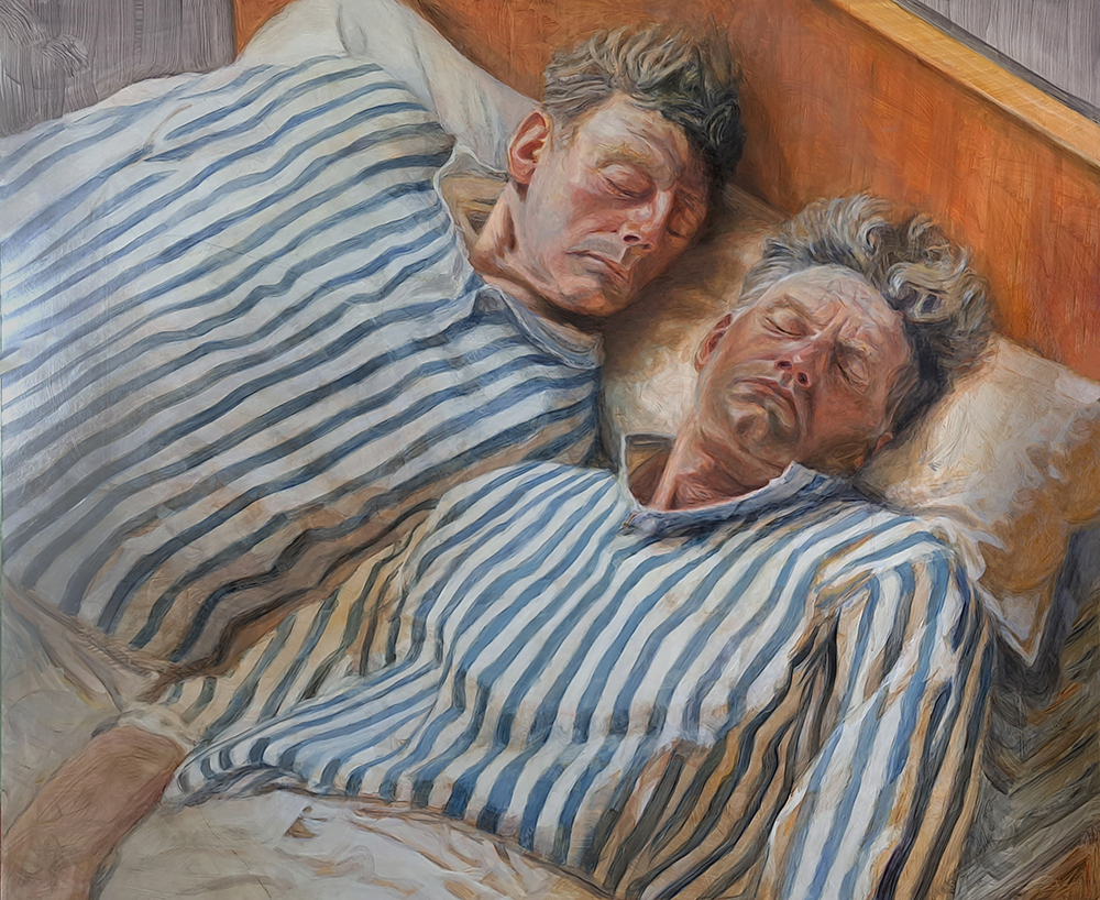 Norman Leto, Zwillinge aus J. Littells Die Wohlgesinnten, vierzig Jahre sp&auml;ter &Ouml;l auf Faserplatte, 120x100, 2023